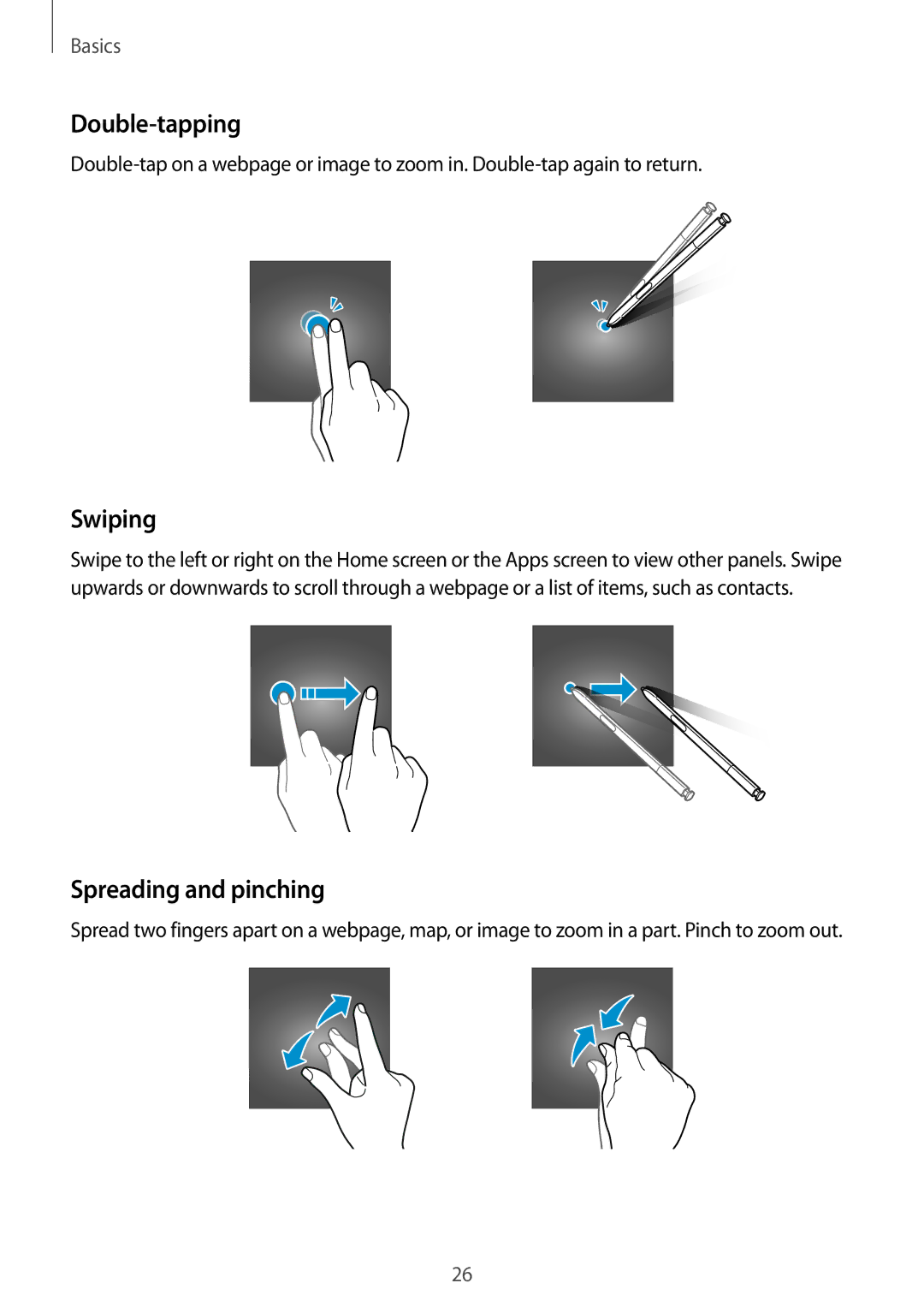 Samsung SM-N920CZWAXXV, SM-N920CZDUXSG, SM-N920CZKAKSA, SM-N920CEDEKSA manual Double-tapping, Swiping, Spreading and pinching 