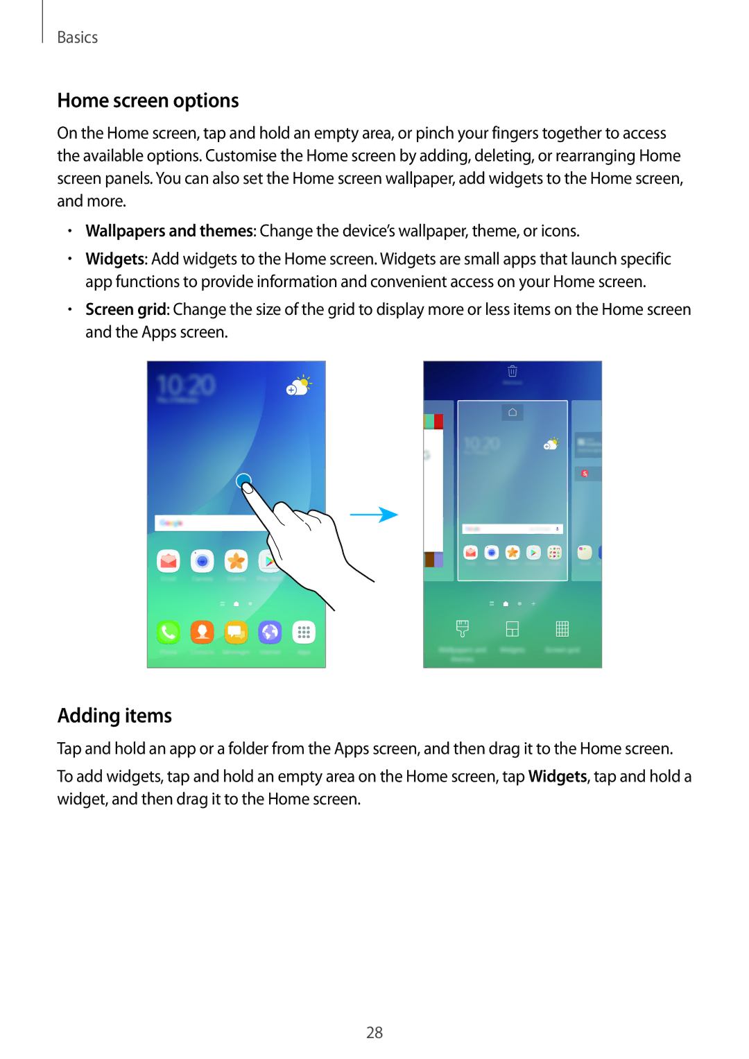 Samsung SM-N920CZDUXSG, SM-N920CZKAKSA, SM-N920CEDEKSA, SM-N920CZDAKSA, CG-N920FZWXVTC manual Home screen options, Adding items 