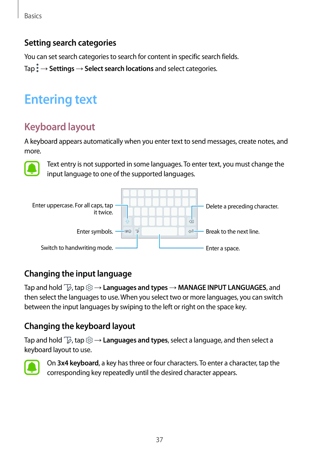 Samsung SM-N920CEDEKSA manual Entering text, Keyboard layout, Setting search categories, Changing the input language 