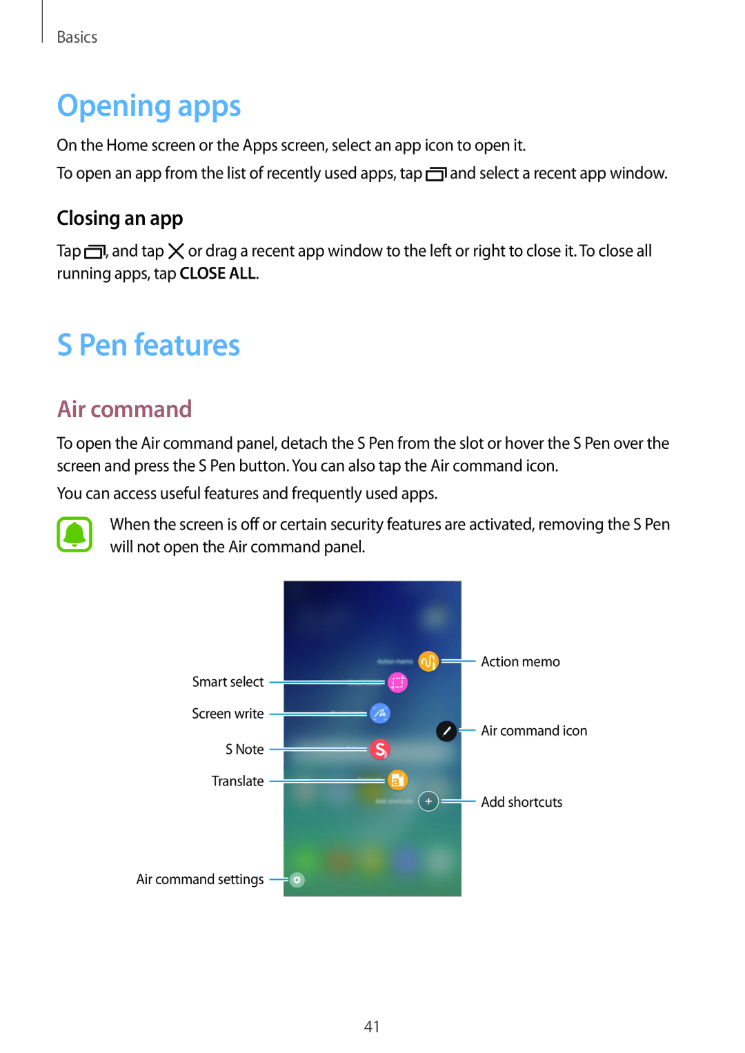 Samsung SM-N920CZDAILO, SM-N920CZDUXSG, SM-N920CZKAKSA manual Opening apps, Pen features, Air command, Closing an app 