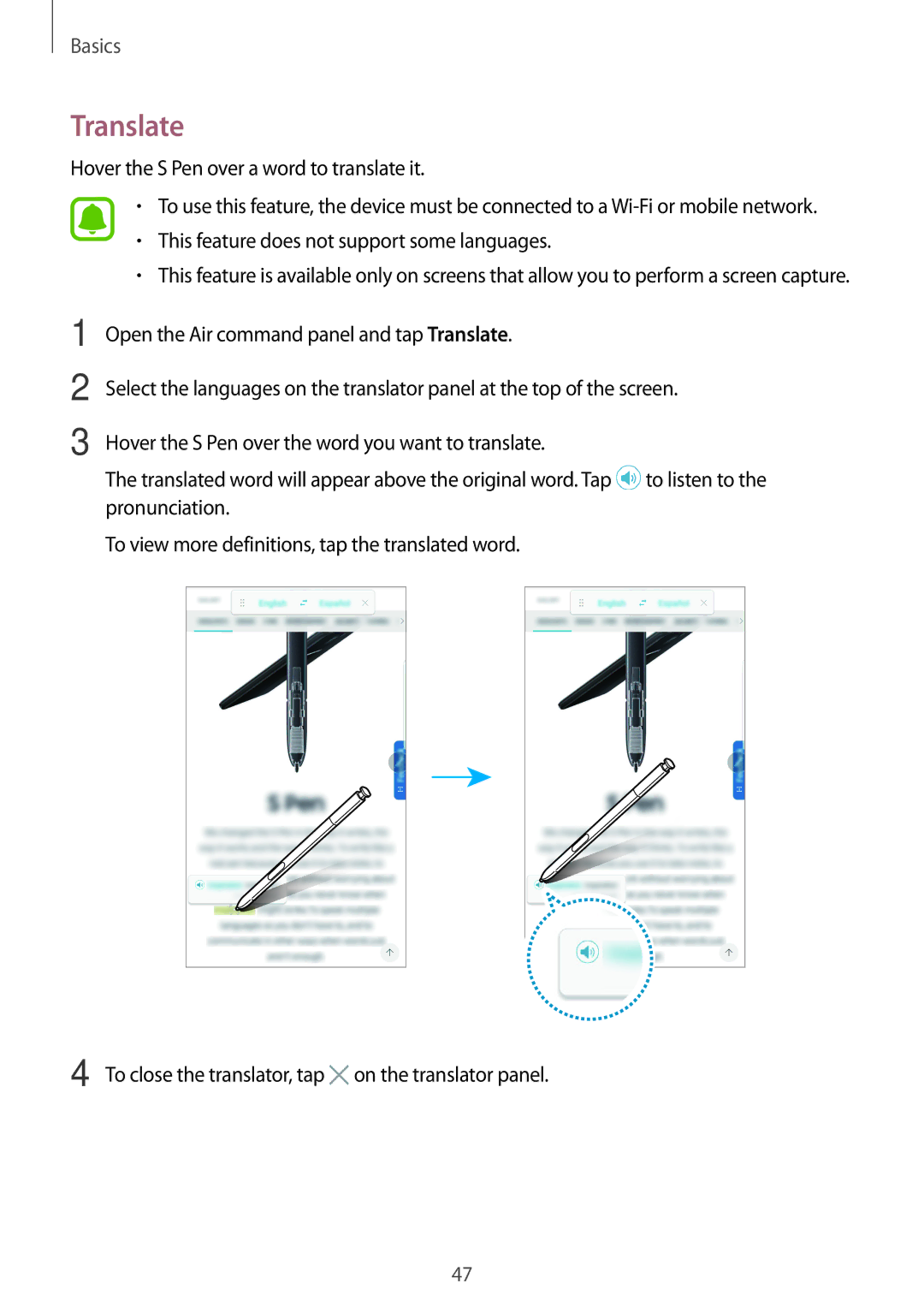 Samsung SM-N920CZWAXXV, SM-N920CZDUXSG, SM-N920CZKAKSA manual Translate, Hover the S Pen over a word to translate it 