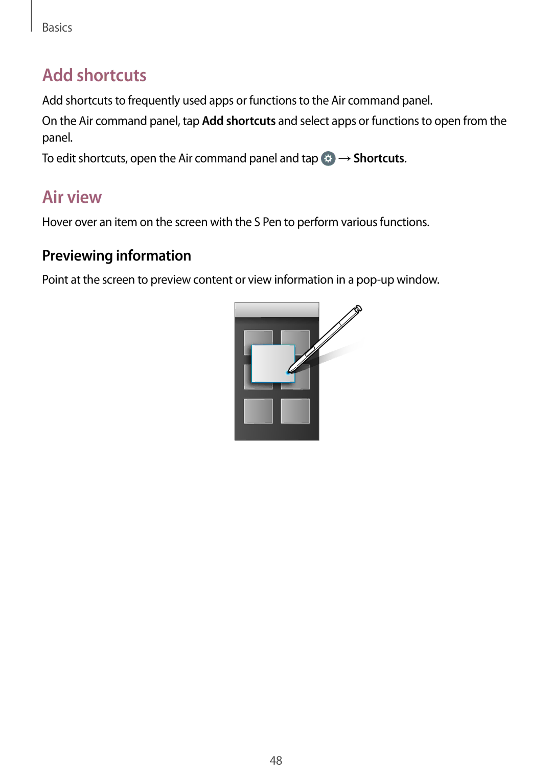 Samsung SM-N920CZDAILO, SM-N920CZDUXSG, SM-N920CZKAKSA, SM-N920CEDEKSA manual Add shortcuts, Air view, Previewing information 