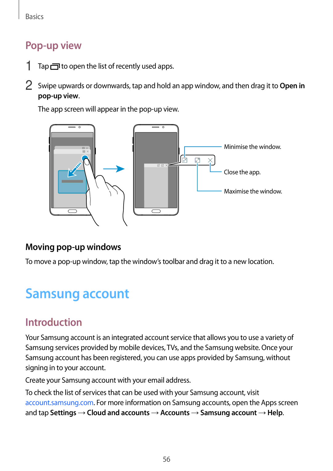 Samsung SM-N920CZDUXSG Samsung account, Pop-up view, Moving pop-up windows, App screen will appear in the pop-up view 