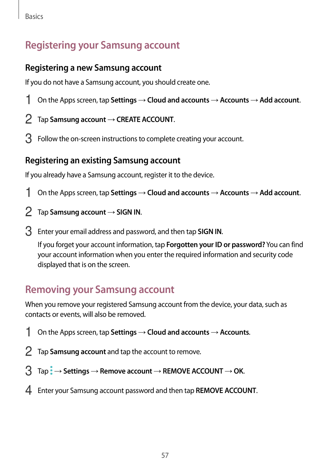 Samsung SM-N920CZKAKSA Registering your Samsung account, Removing your Samsung account, Registering a new Samsung account 