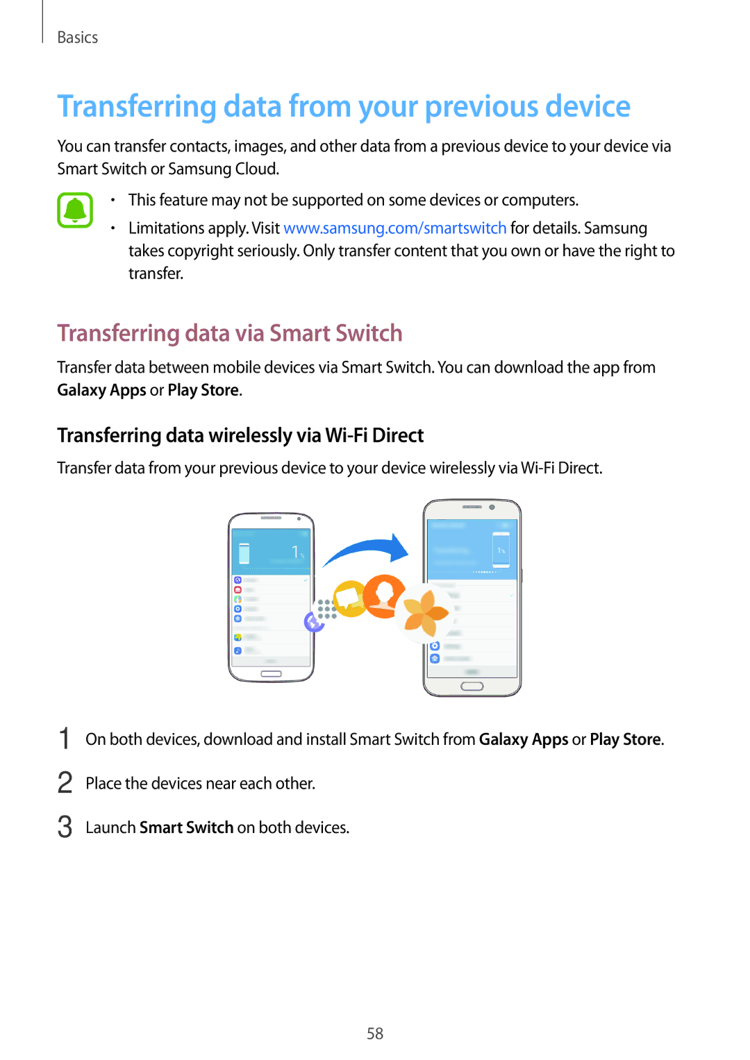 Samsung SM-N920CEDEKSA, SM-N920CZDUXSG Transferring data from your previous device, Transferring data via Smart Switch 