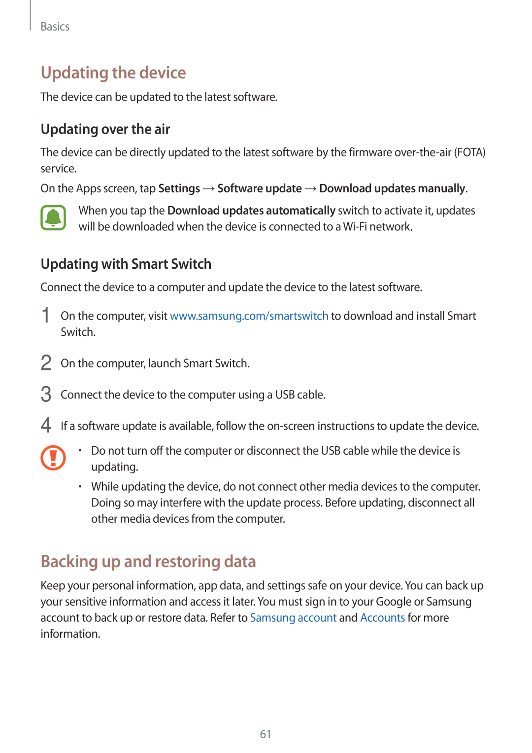 Samsung SM-N920CZWAXXV, SM-N920CZDUXSG manual Updating the device, Backing up and restoring data, Updating over the air 
