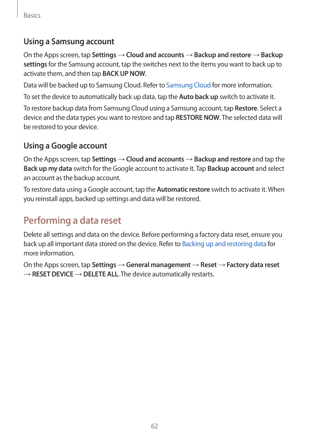 Samsung SM-N920CZDAILO, SM-N920CZDUXSG manual Performing a data reset, Using a Samsung account, Using a Google account 