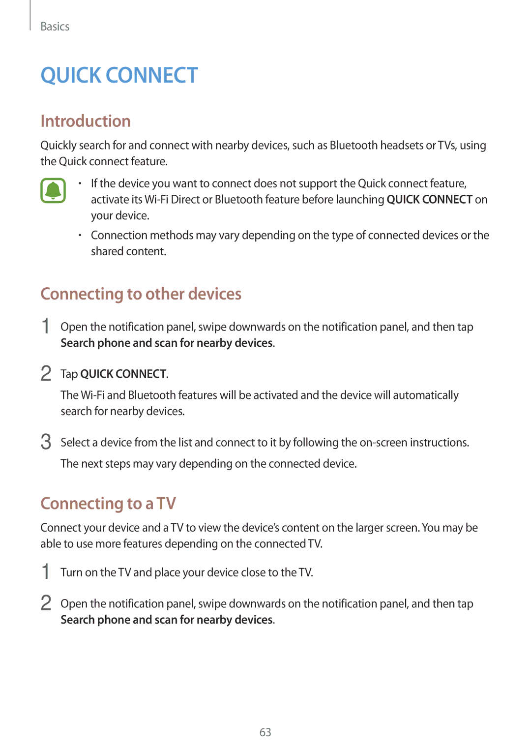 Samsung SM-N920CZDUXSG, SM-N920CZKAKSA, SM-N920CEDEKSA Connecting to other devices, Connecting to a TV, Tap Quick Connect 