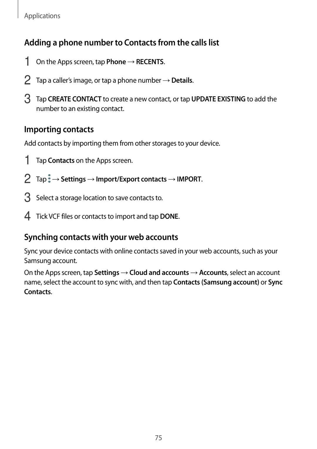 Samsung SM-N920CZWAXXV, SM-N920CZDUXSG manual Adding a phone number to Contacts from the calls list, Importing contacts 