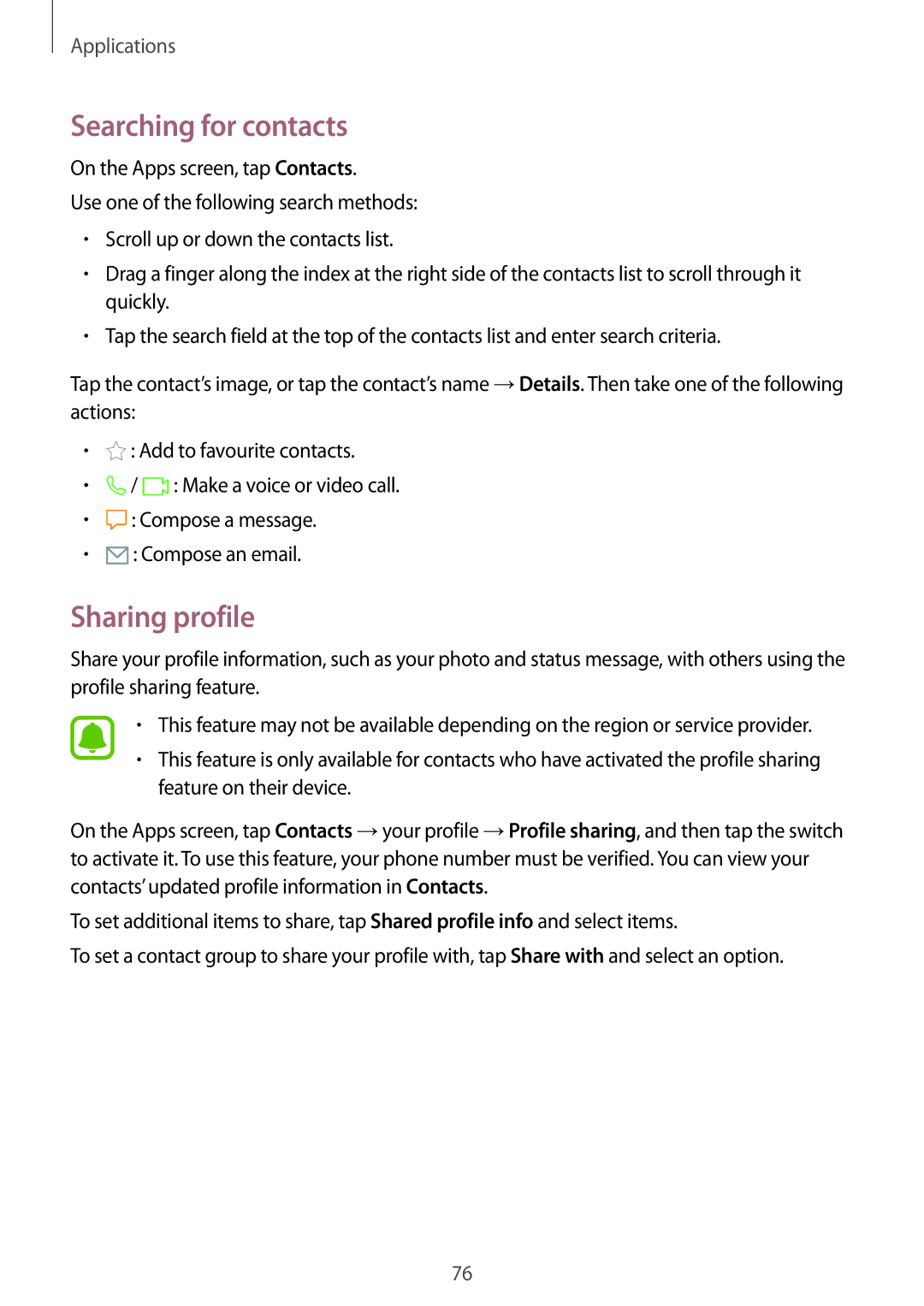 Samsung SM-N920CZDAILO, SM-N920CZDUXSG, SM-N920CZKAKSA, SM-N920CEDEKSA manual Searching for contacts, Sharing profile 