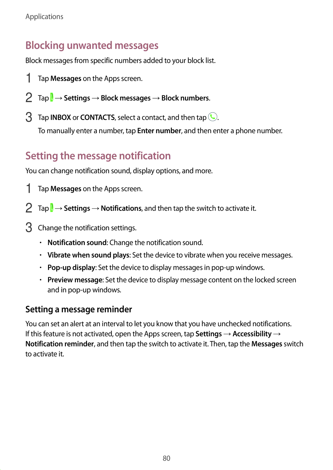 Samsung SM-N920CZDAKSA manual Blocking unwanted messages, Setting the message notification, Setting a message reminder 