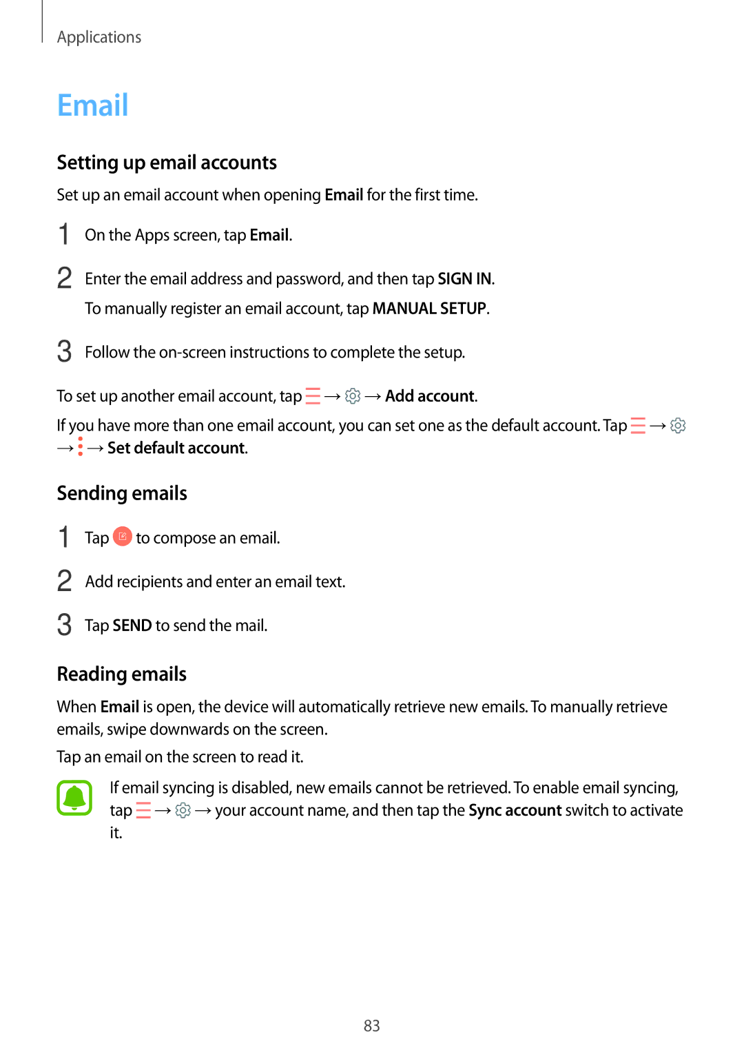 Samsung SM-N920CZDAILO, SM-N920CZDUXSG Setting up email accounts, Sending emails, Reading emails, → →Set default account 