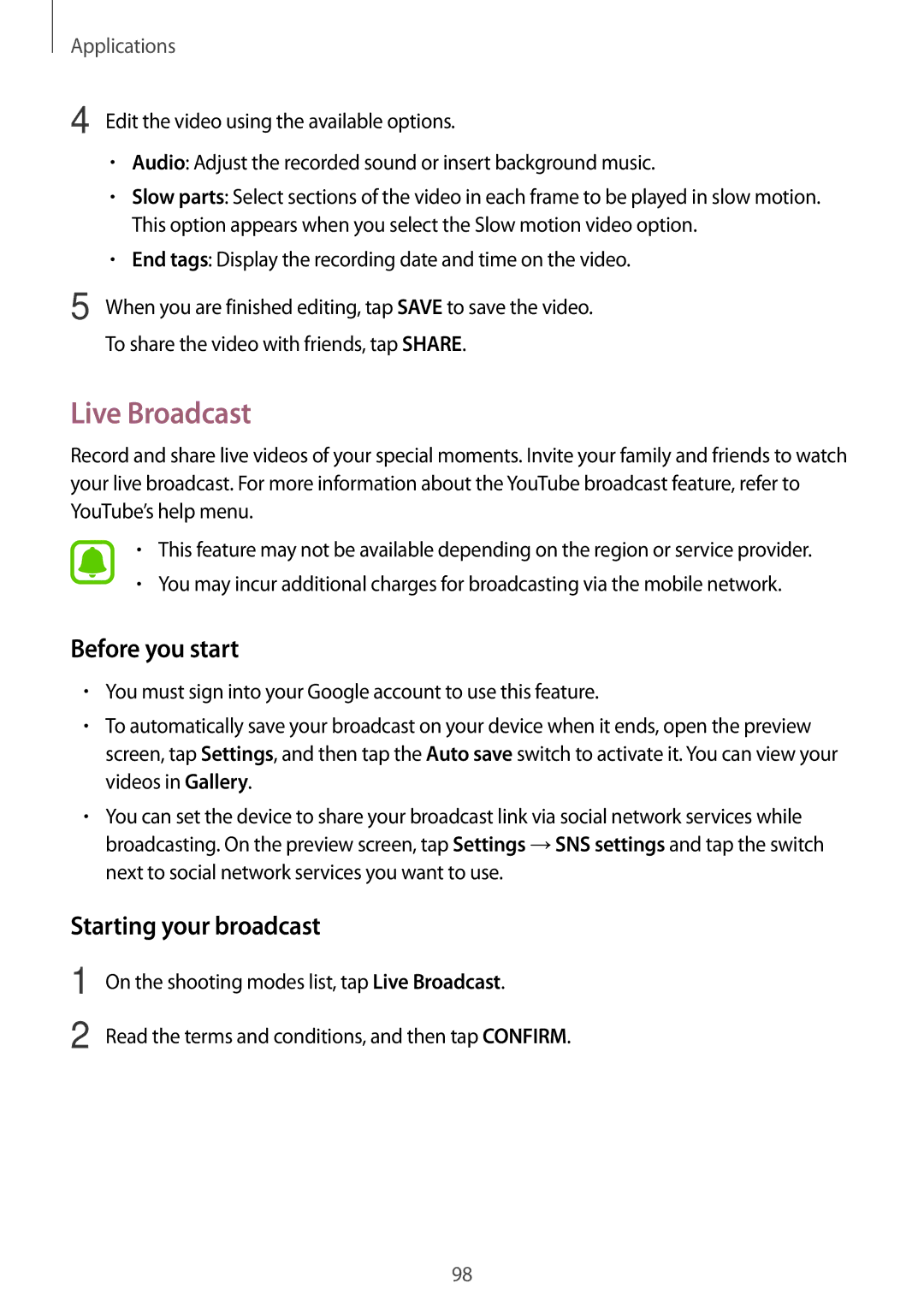 Samsung SM-N920CZDUXSG, SM-N920CZKAKSA, SM-N920CEDEKSA manual Live Broadcast, Before you start, Starting your broadcast 