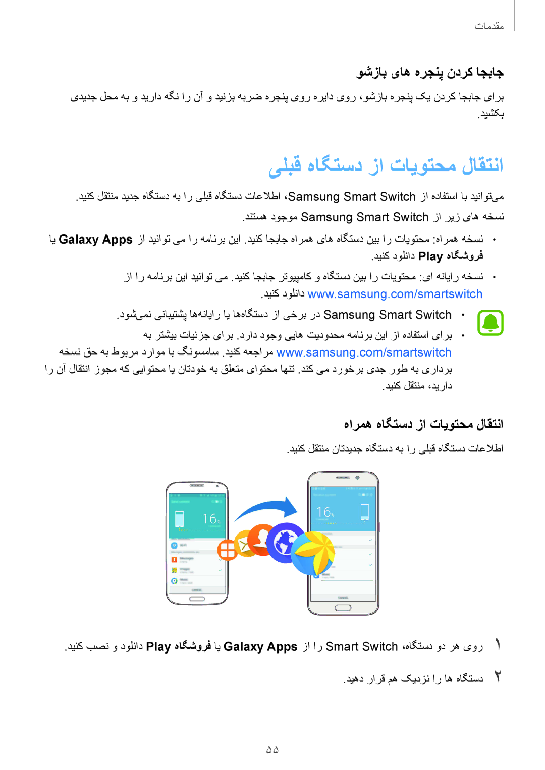 Samsung SM-N920CZDAKSA manual یلبق هاگتسد زا تایوتحم لاقتنا, وشزاب یاه هرجنپ ندرک اجباج, هارمه هاگتسد زا تایوتحم لاقتنا 