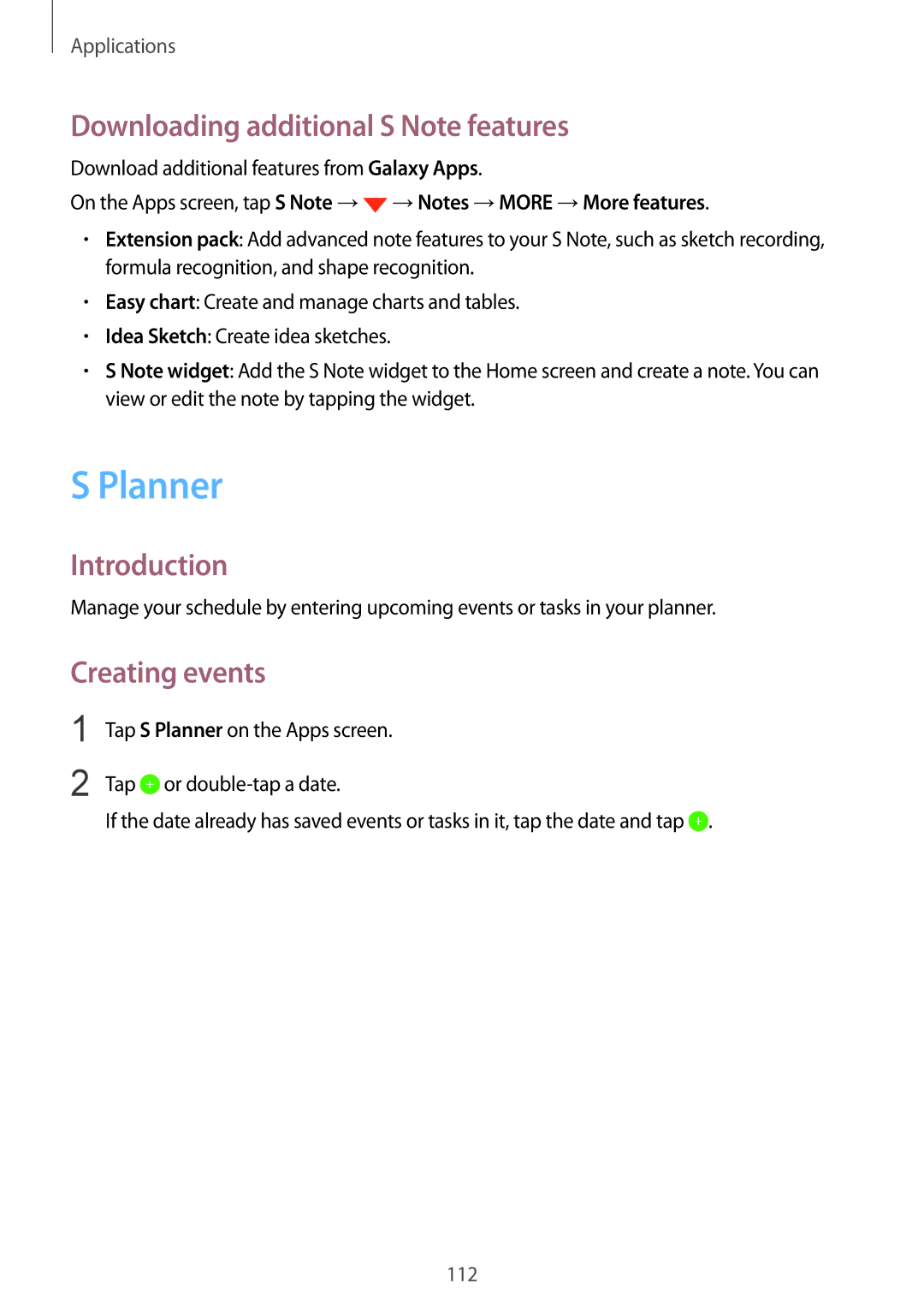 Samsung SM-N920CZDUXSG, SM-N920CZKAKSA, SM-N920CEDEKSA Planner, Downloading additional S Note features, Creating events 