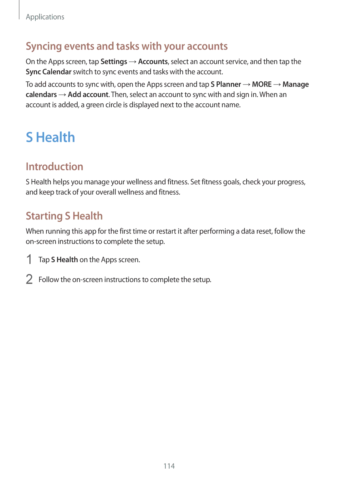 Samsung SM-N920CEDEKSA, SM-N920CZDUXSG, SM-N920CZKAKSA Syncing events and tasks with your accounts, Starting S Health 