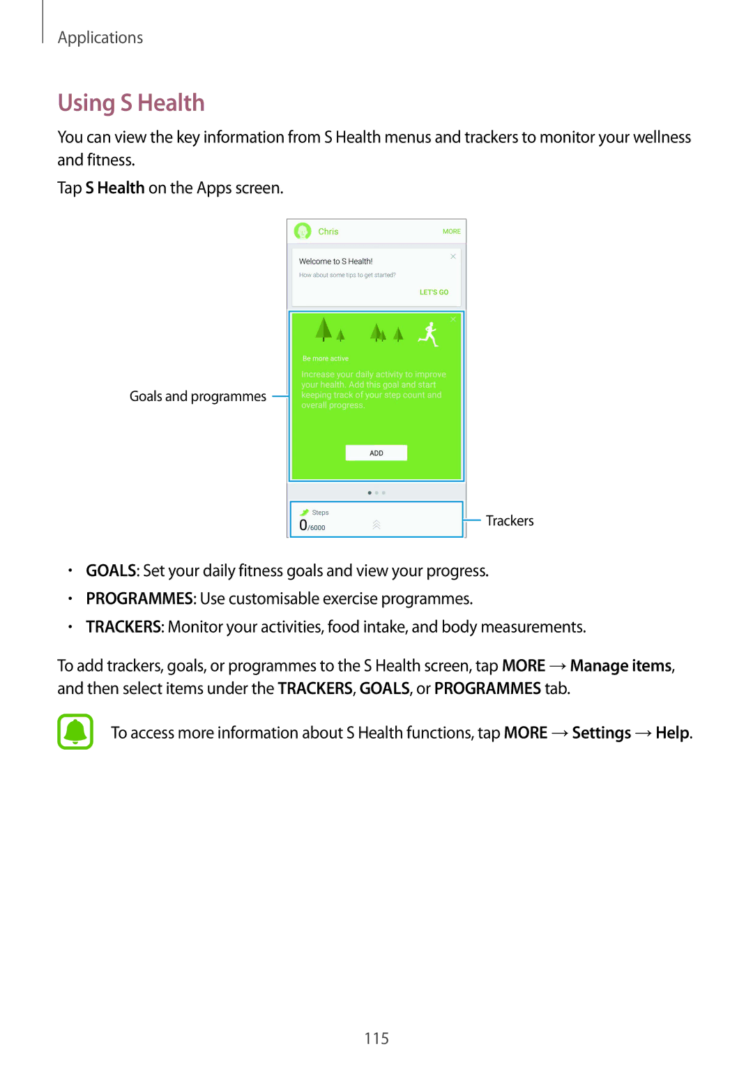 Samsung SM-N920CZDAKSA, SM-N920CZDUXSG, SM-N920CZKAKSA, SM-N920CEDEKSA, CG-N920FZWXVTC, SM-N920CZWAXXV manual Using S Health 