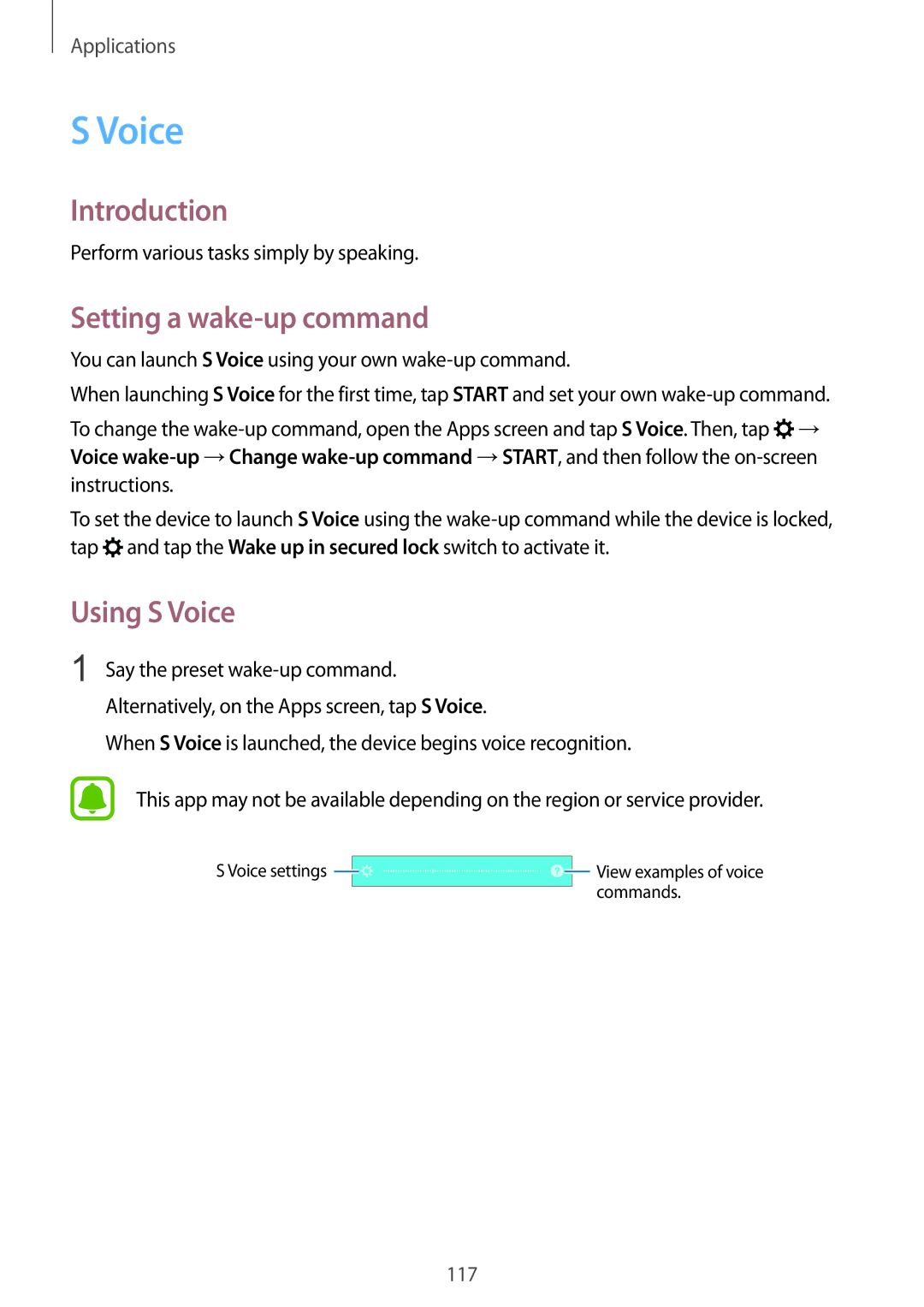 Samsung SM-N920CZWAXXV, SM-N920CZDUXSG, SM-N920CZKAKSA, SM-N920CEDEKSA manual Setting a wake-up command, Using S Voice 