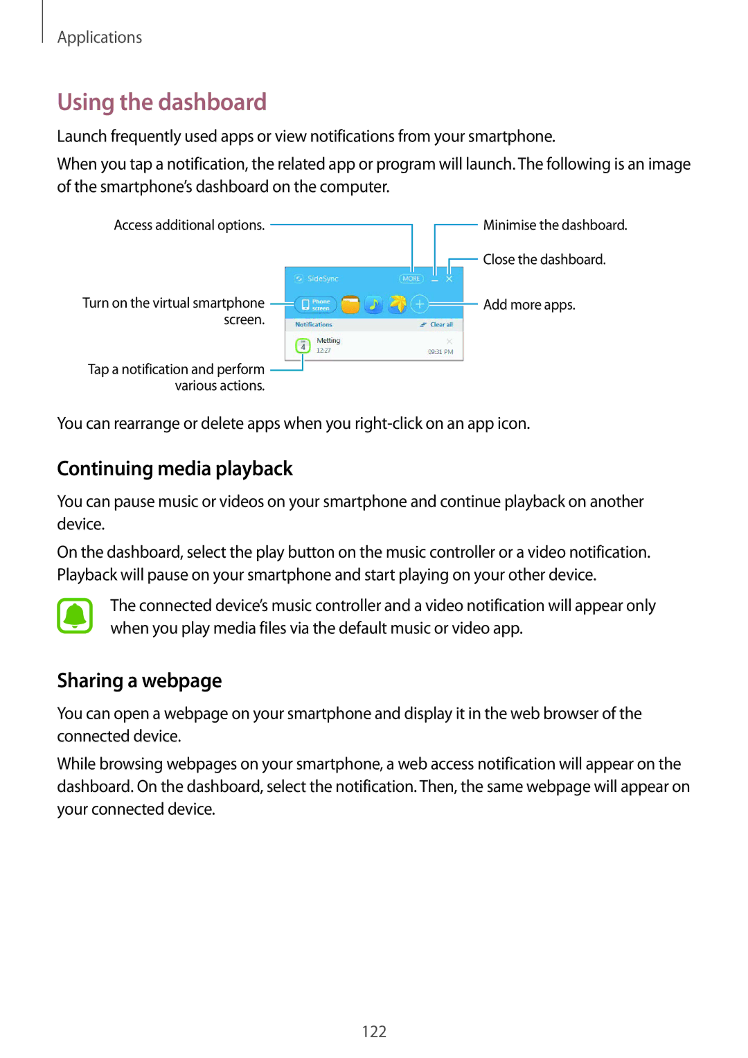 Samsung SM-N920CZDAKSA, SM-N920CZDUXSG, SM-N920CZKAKSA Using the dashboard, Continuing media playback, Sharing a webpage 