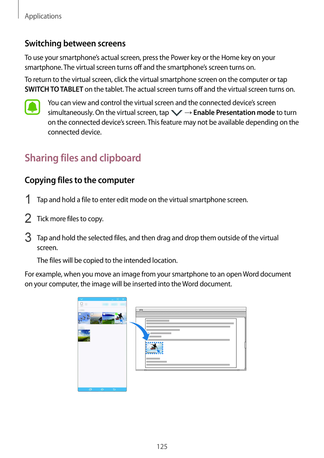 Samsung SM-N920CZDAILO manual Sharing files and clipboard, Switching between screens, Copying files to the computer 