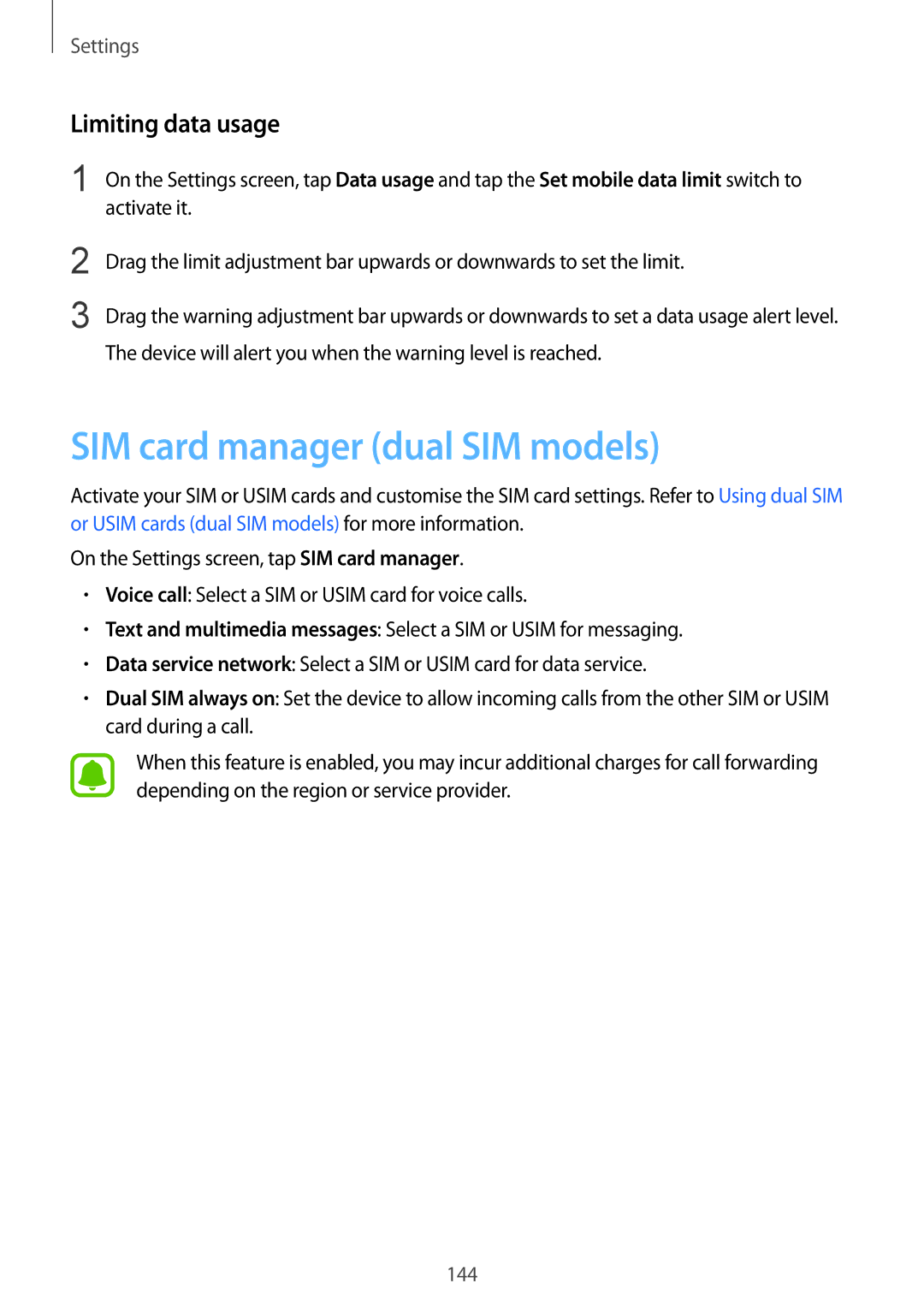 Samsung CG-N920FZWXVTC, SM-N920CZDUXSG, SM-N920CZKAKSA, SM-N920CEDEKSA SIM card manager dual SIM models, Limiting data usage 