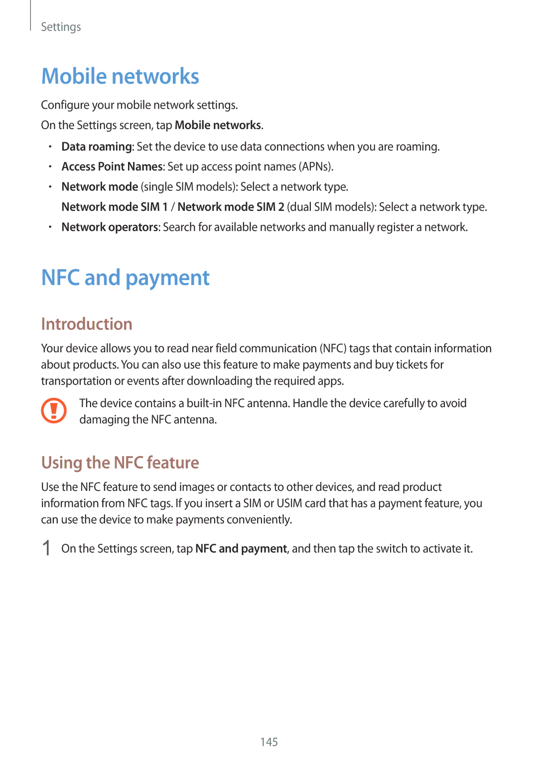 Samsung SM-N920CZWAXXV, SM-N920CZDUXSG, SM-N920CZKAKSA manual Mobile networks, NFC and payment, Using the NFC feature 