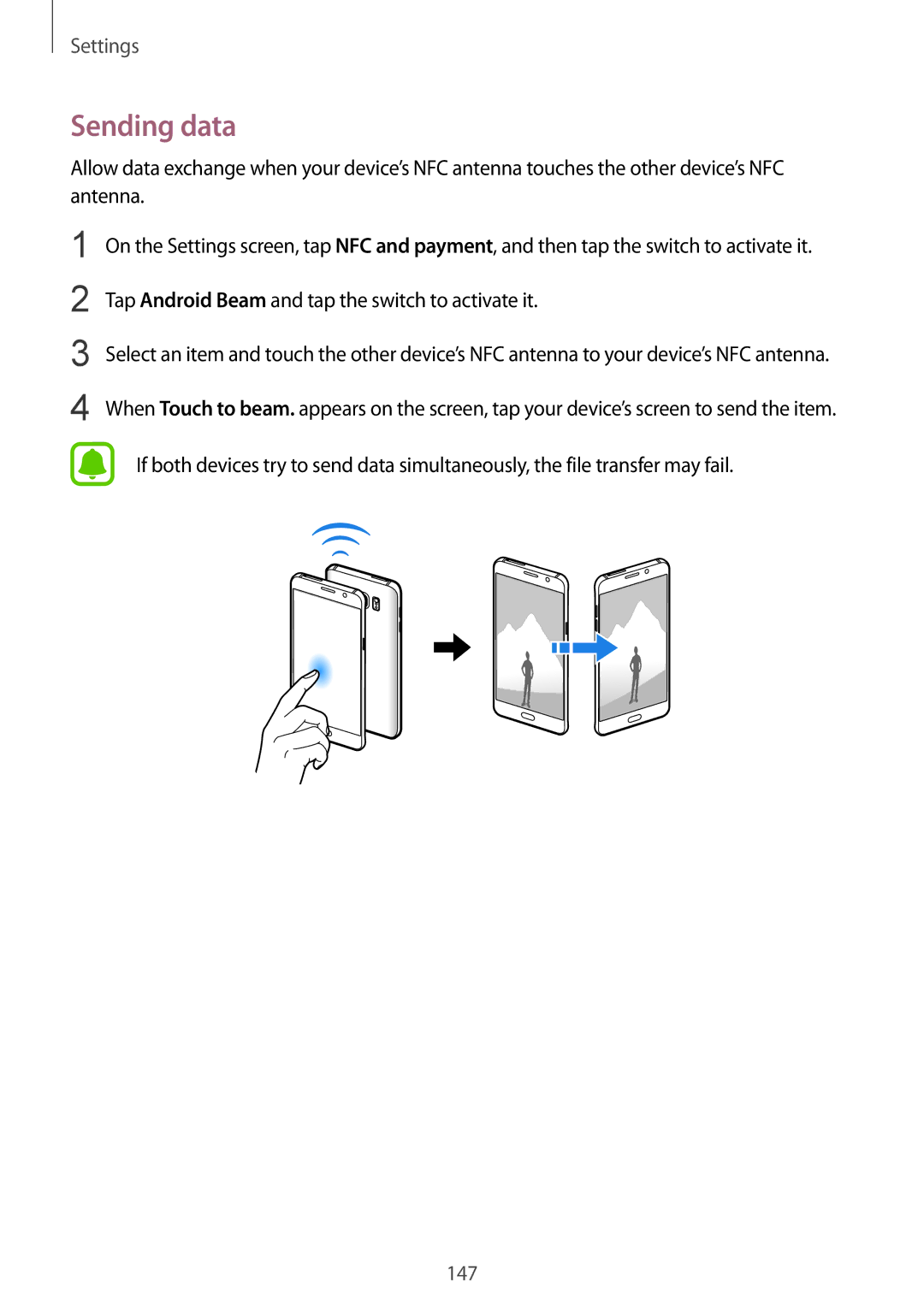 Samsung SM-N920CZDUXSG, SM-N920CZKAKSA, SM-N920CEDEKSA Sending data, Tap Android Beam and tap the switch to activate it 