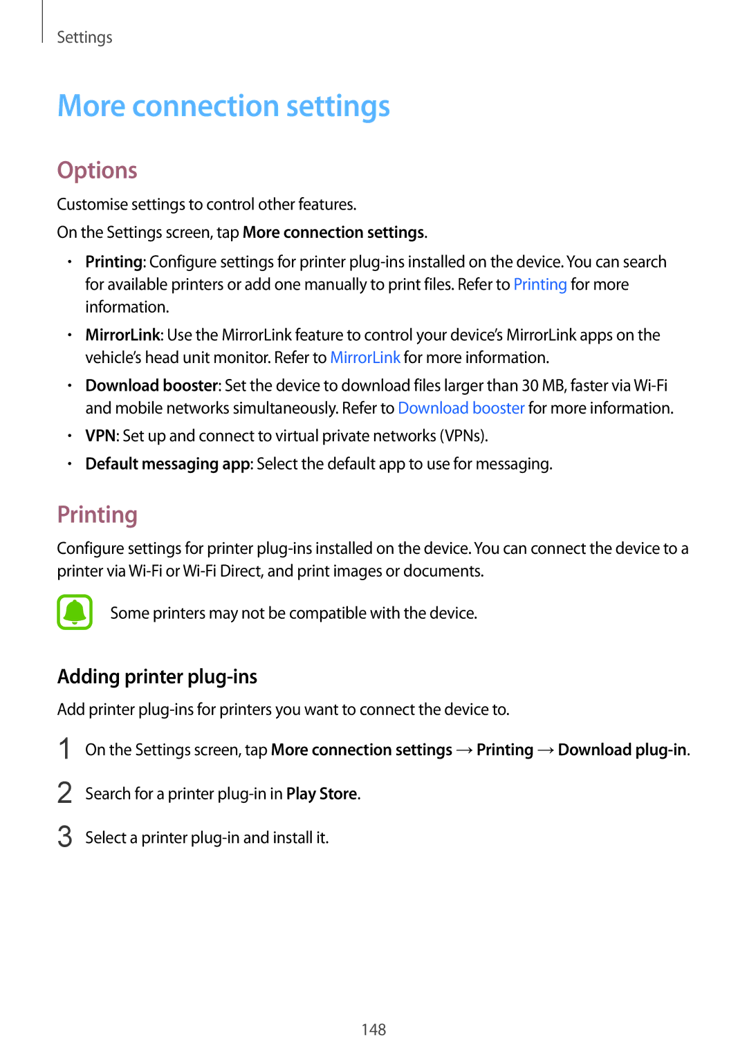 Samsung SM-N920CZKAKSA, SM-N920CZDUXSG, SM-N920CEDEKSA More connection settings, Options, Printing, Adding printer plug-ins 