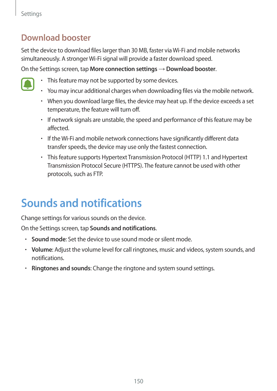 Samsung SM-N920CZDAKSA, SM-N920CZDUXSG, SM-N920CZKAKSA, SM-N920CEDEKSA manual Sounds and notifications, Download booster 