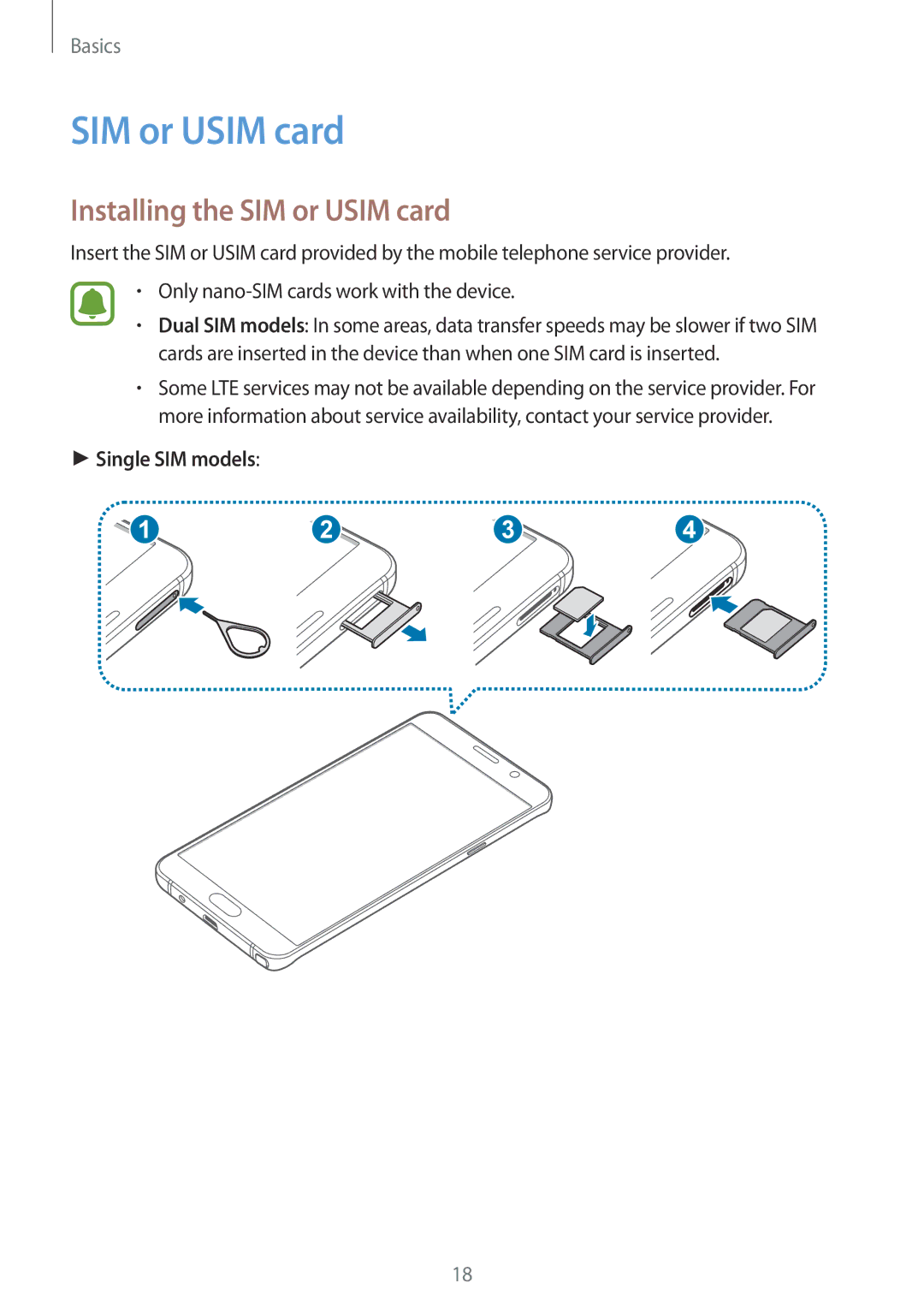 Samsung CG-N920FZWXVTC, SM-N920CZDUXSG, SM-N920CZKAKSA manual Installing the SIM or Usim card, Single SIM models 