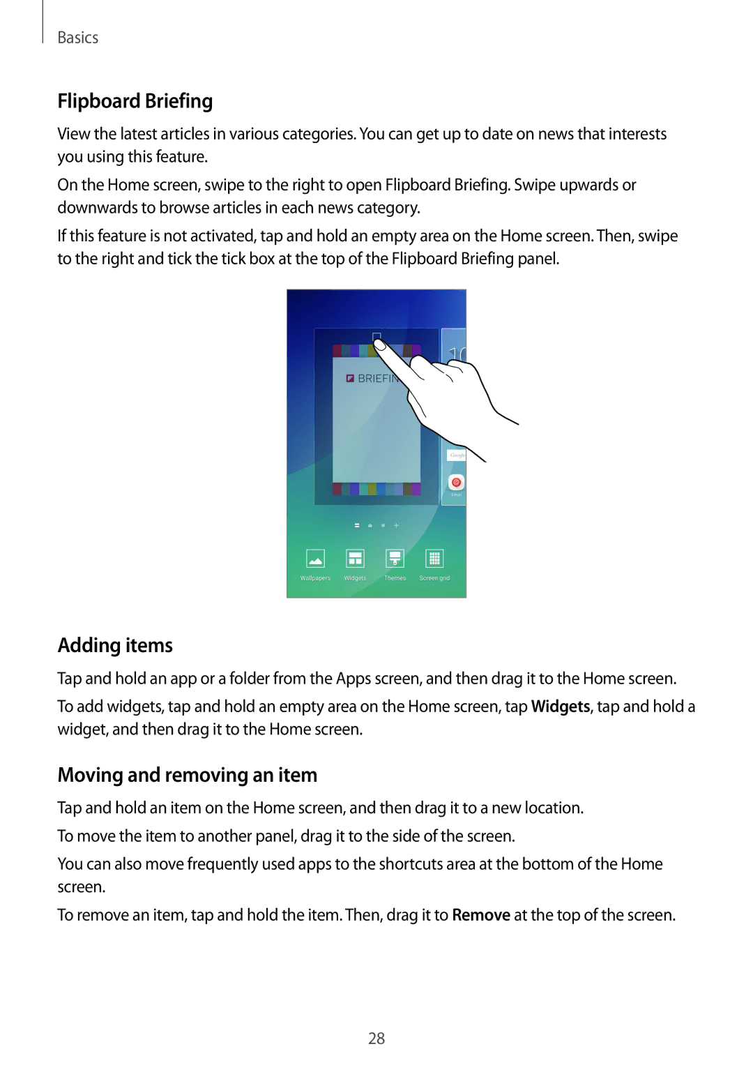 Samsung SM-N920CZDUXSG, SM-N920CZKAKSA, SM-N920CEDEKSA manual Flipboard Briefing, Adding items, Moving and removing an item 