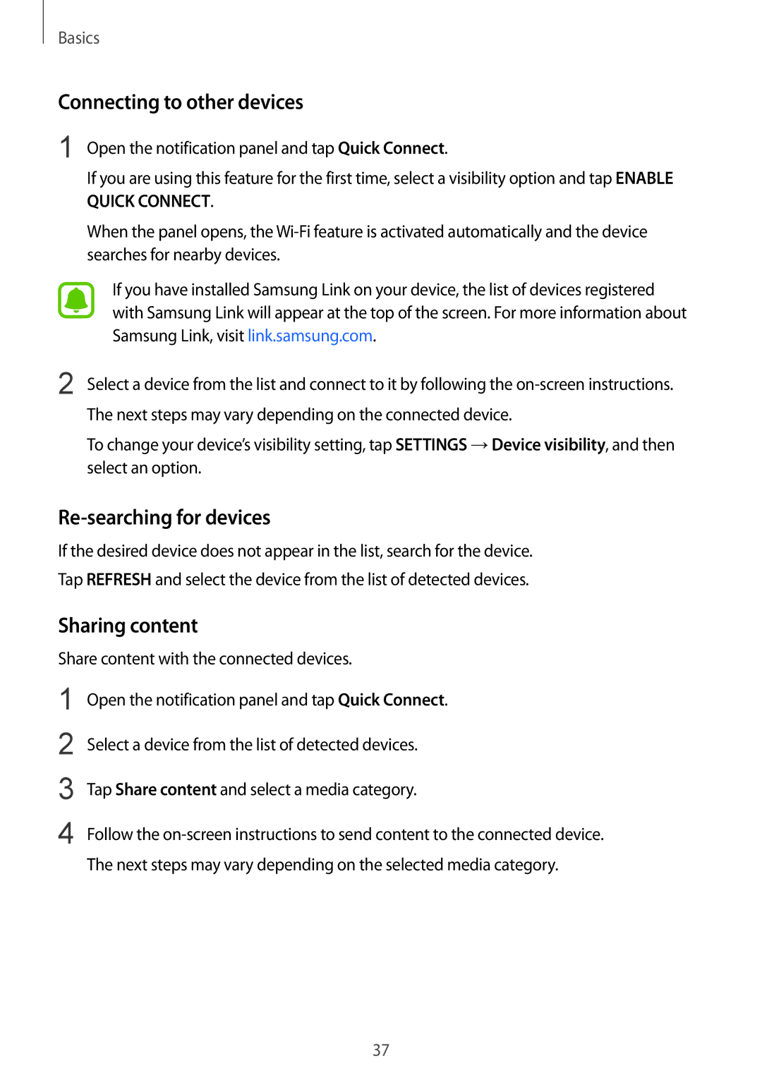 Samsung SM-N920CEDEKSA, SM-N920CZDUXSG manual Connecting to other devices, Re-searching for devices, Sharing content 