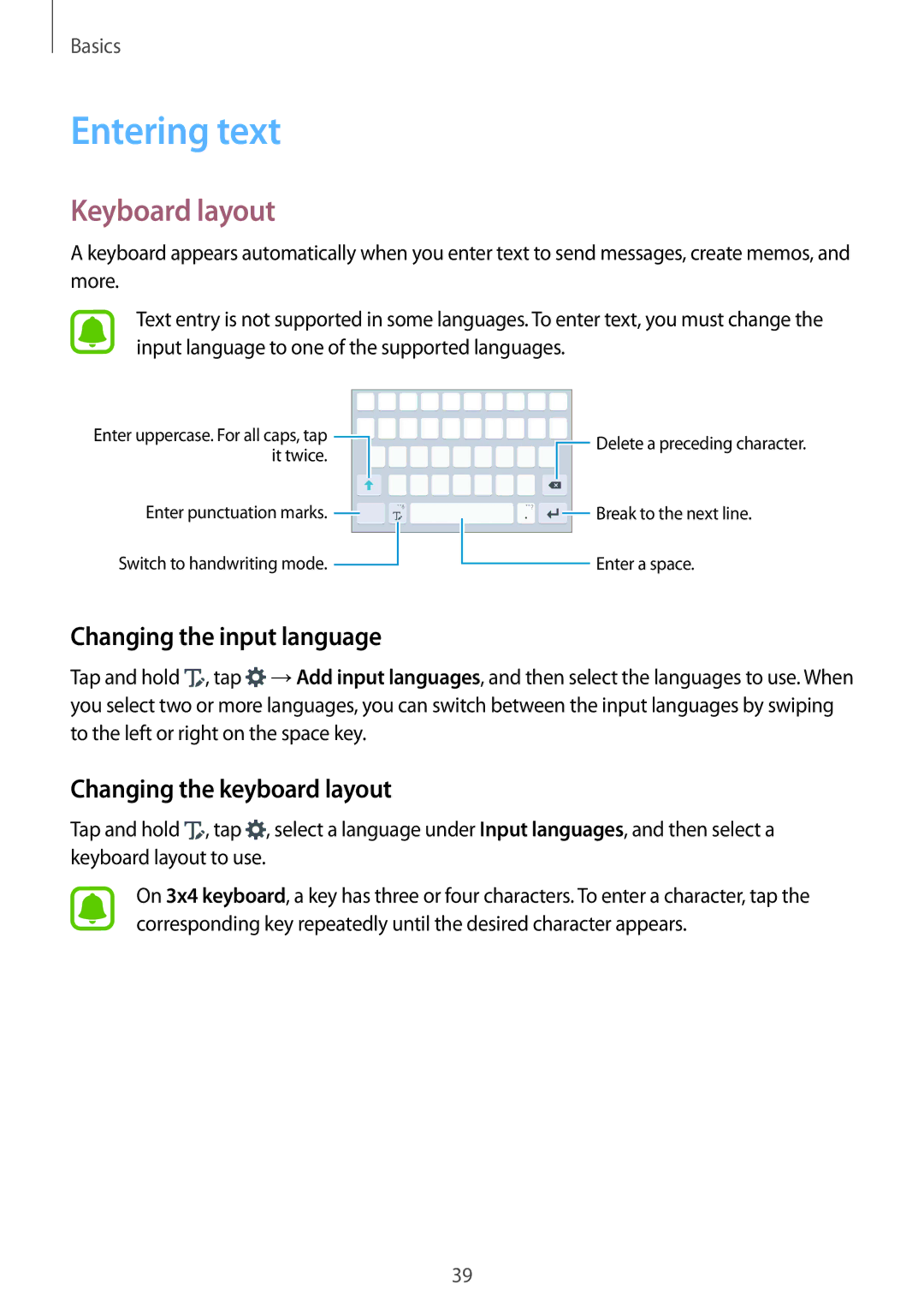 Samsung CG-N920FZWXVTC manual Entering text, Keyboard layout, Changing the input language, Changing the keyboard layout 