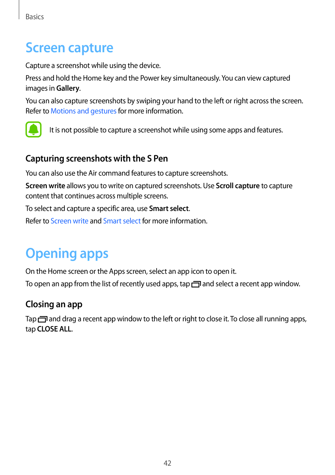 Samsung SM-N920CZDUXSG, SM-N920CZKAKSA Screen capture, Opening apps, Capturing screenshots with the S Pen, Closing an app 