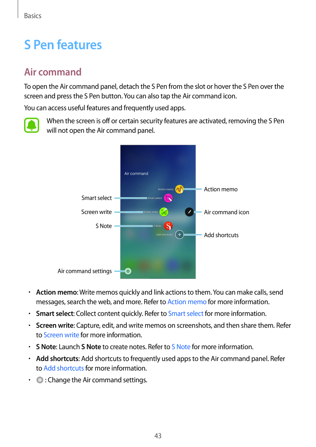 Samsung SM-N920CZKAKSA, SM-N920CZDUXSG, SM-N920CEDEKSA, SM-N920CZDAKSA, CG-N920FZWXVTC manual Pen features, Air command 