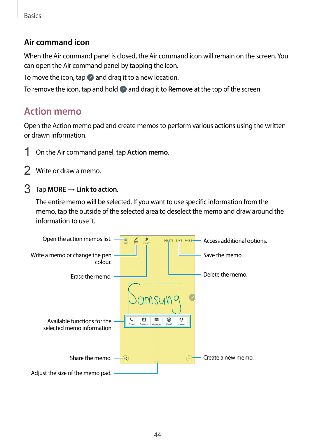 Samsung SM-N920CEDEKSA, SM-N920CZDUXSG, SM-N920CZKAKSA manual Action memo, Air command icon, Tap More →Link to action 