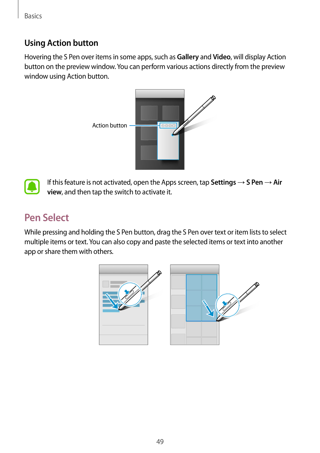 Samsung SM-N920CZDUXSG, SM-N920CZKAKSA, SM-N920CEDEKSA, SM-N920CZDAKSA, CG-N920FZWXVTC manual Pen Select, Using Action button 