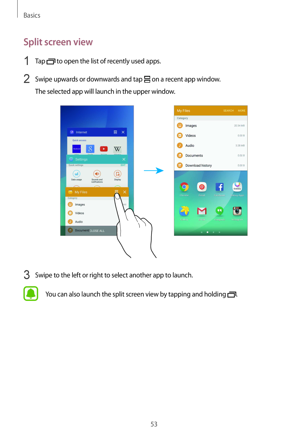 Samsung CG-N920FZWXVTC, SM-N920CZDUXSG, SM-N920CZKAKSA manual Split screen view, Tap to open the list of recently used apps 