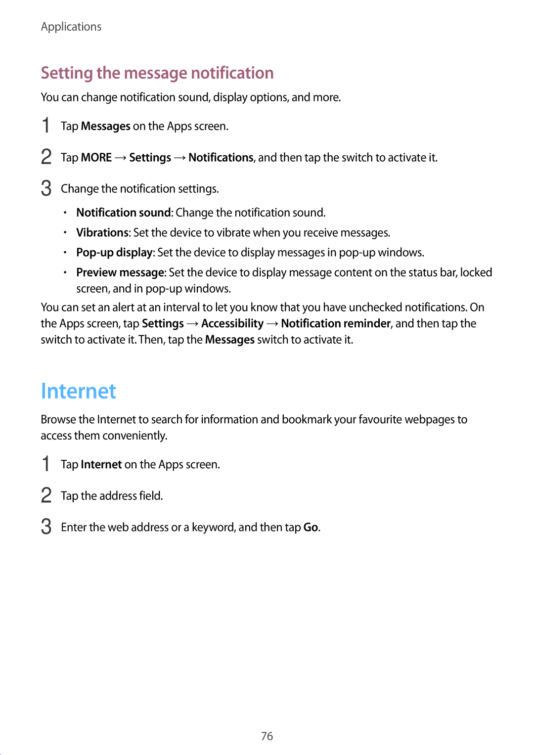 Samsung SM-N920CZDAILO, SM-N920CZDUXSG, SM-N920CZKAKSA, SM-N920CEDEKSA manual Internet, Setting the message notification 