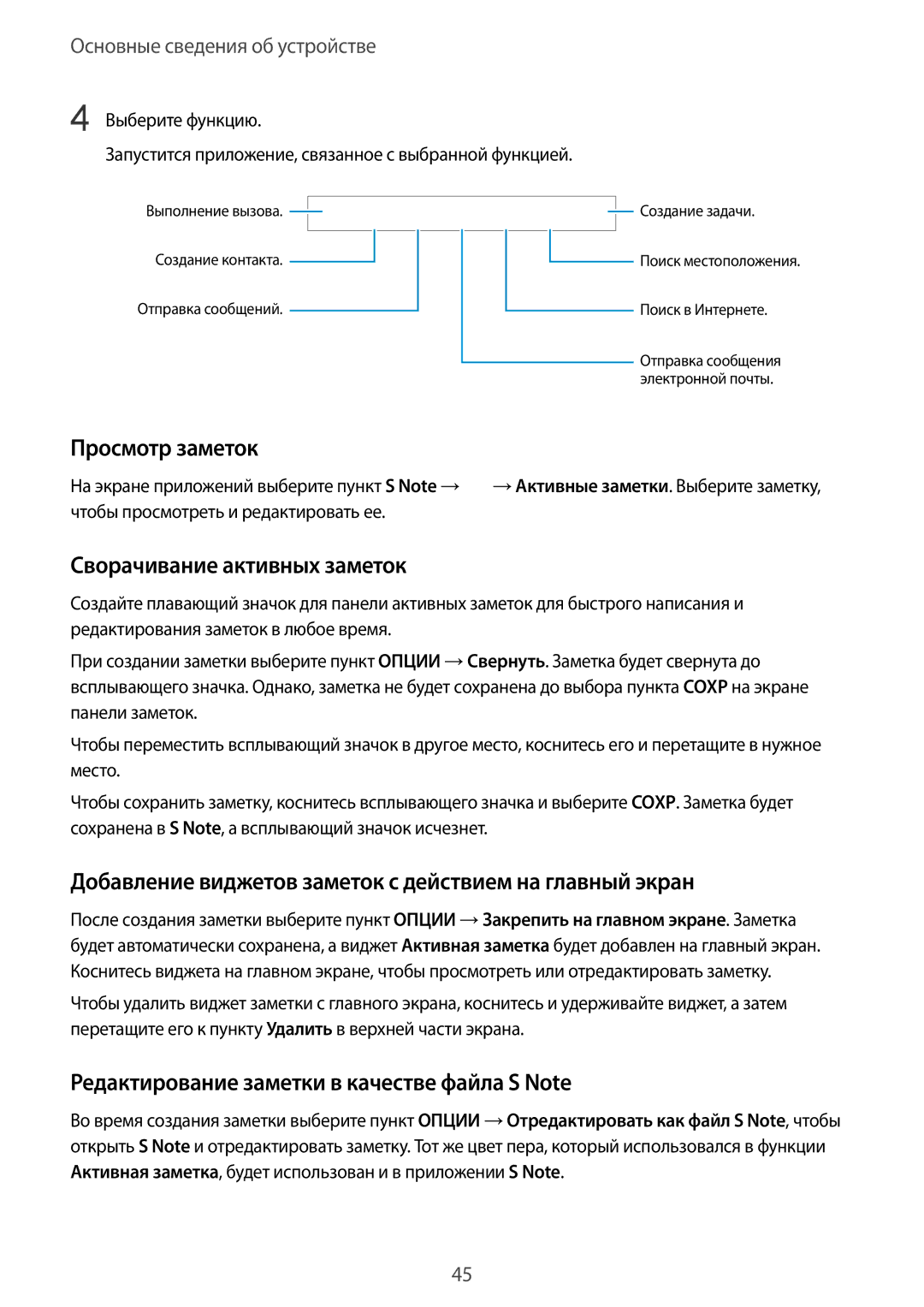 Samsung SM-N920CZKESER Просмотр заметок, Сворачивание активных заметок, Редактирование заметки в качестве файла S Note 