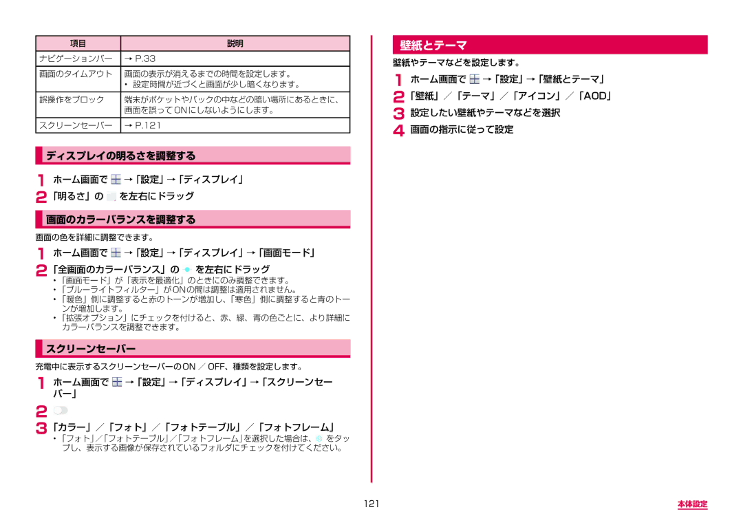 Samsung SM-N950DZKADCM, SM-N950DZDADCM manual 壁紙とテーマ, ディスプレイの明るさを調整する, 画面のカラーバランスを調整する, スクリーンセーバー 