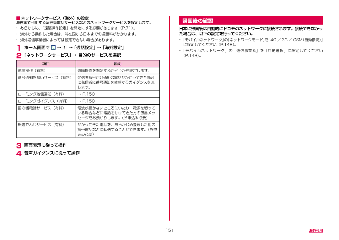 Samsung SM-N950DZKADCM 帰国後の確認, ホーム画面で → →「通話設定」→「海外設定」 2「ネットワークサービス」→ 目的のサービスを選択, 画面表示に従って操作 音声ガイダンスに従って操作, ローミングガイダンス（有料） 