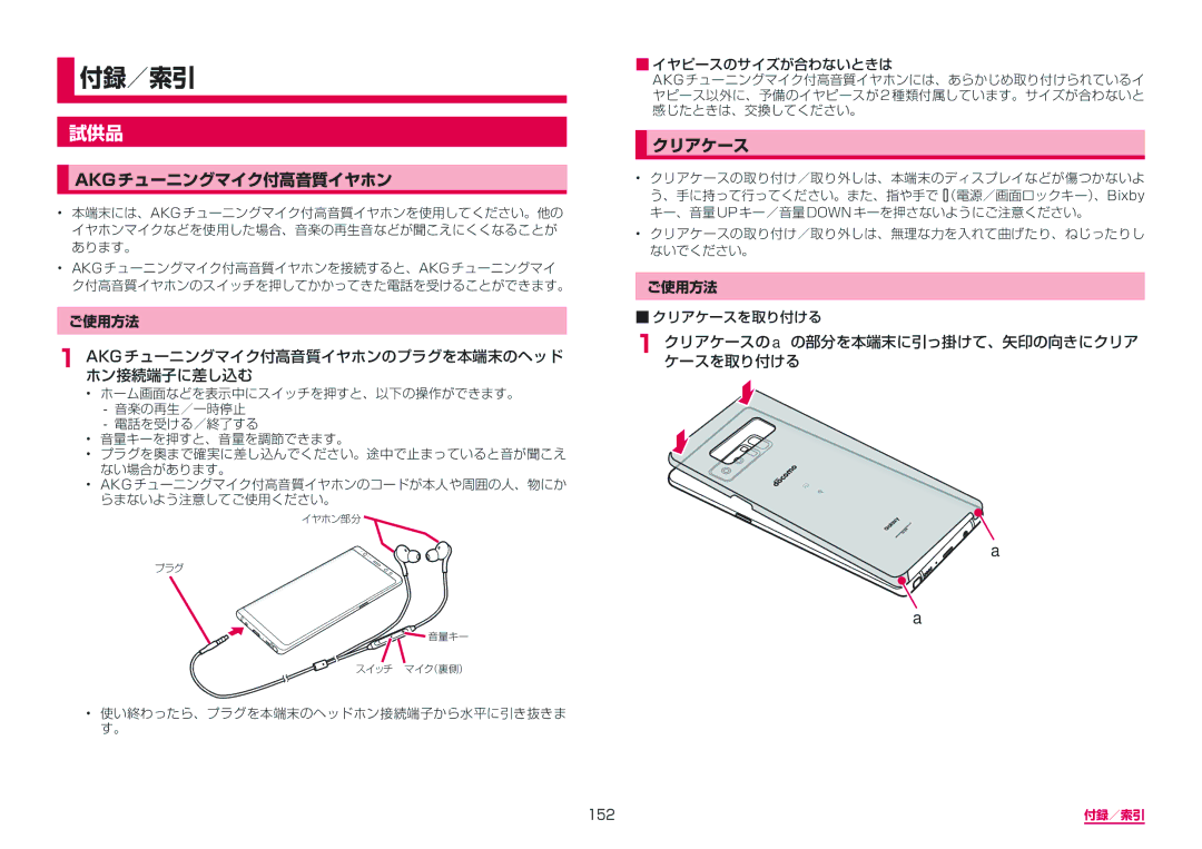 Samsung SM-N950DZDADCM, SM-N950DZKADCM 試供品, Akgチューニングマイク付高音質イヤホン, クリアケース, Ak﻿Gチューニングマイク付高音質イヤホンのプラグを本端末のヘッド ホン接続端子に差し込む 