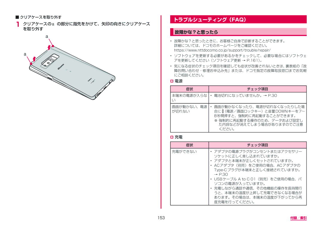 Samsung SM-N950DZKADCM, SM-N950DZDADCM manual トラブルシューティング（Faq）, 故障かな？と思ったら, クリアケースのを取り外す Aの部分に指先をかけて、矢印の向きにクリアケース, 153 