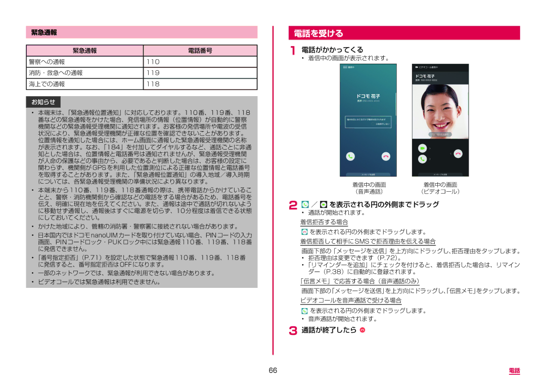 Samsung SM-N950DZDADCM, SM-N950DZKADCM manual 電話を受ける, ／ を表示される円の外側までドラッグ, 緊急通報 