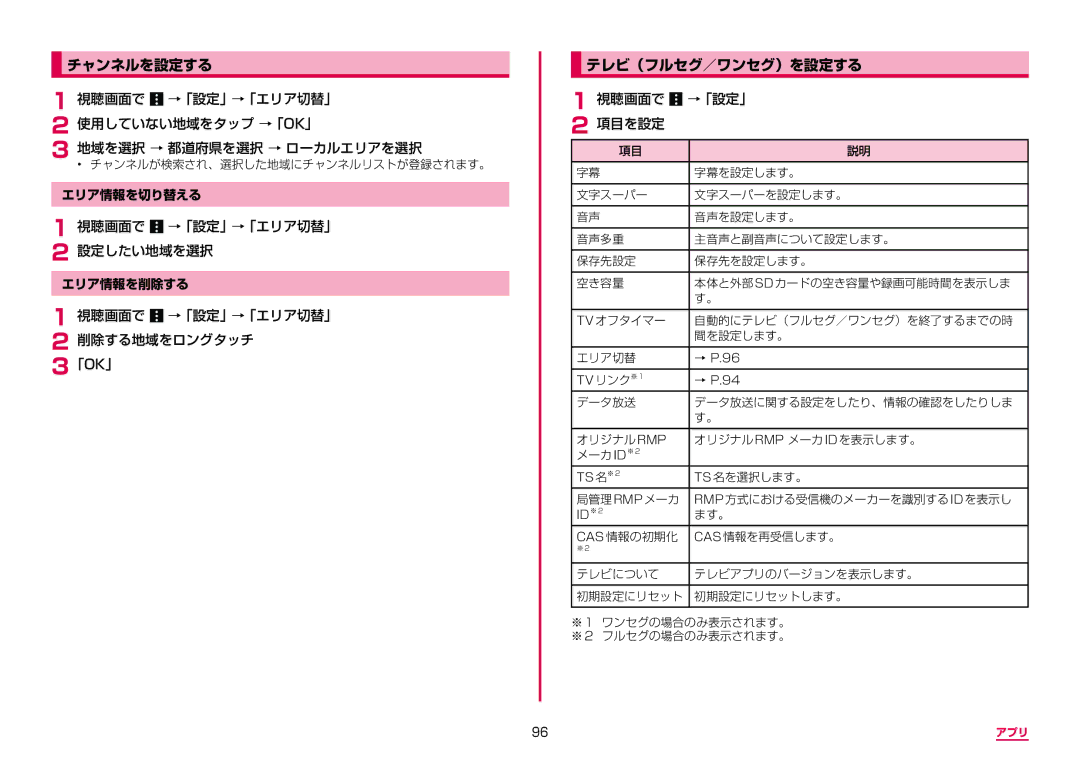 Samsung SM-N950DZDADCM チャンネルを設定する, テレビ（フルセグ／ワンセグ）を設定する, 視聴画面で →「設定」→「エリア切替」 設定したい地域を選択, 視聴画面で →「設定」→「エリア切替」 削除する地域をロングタッチ 