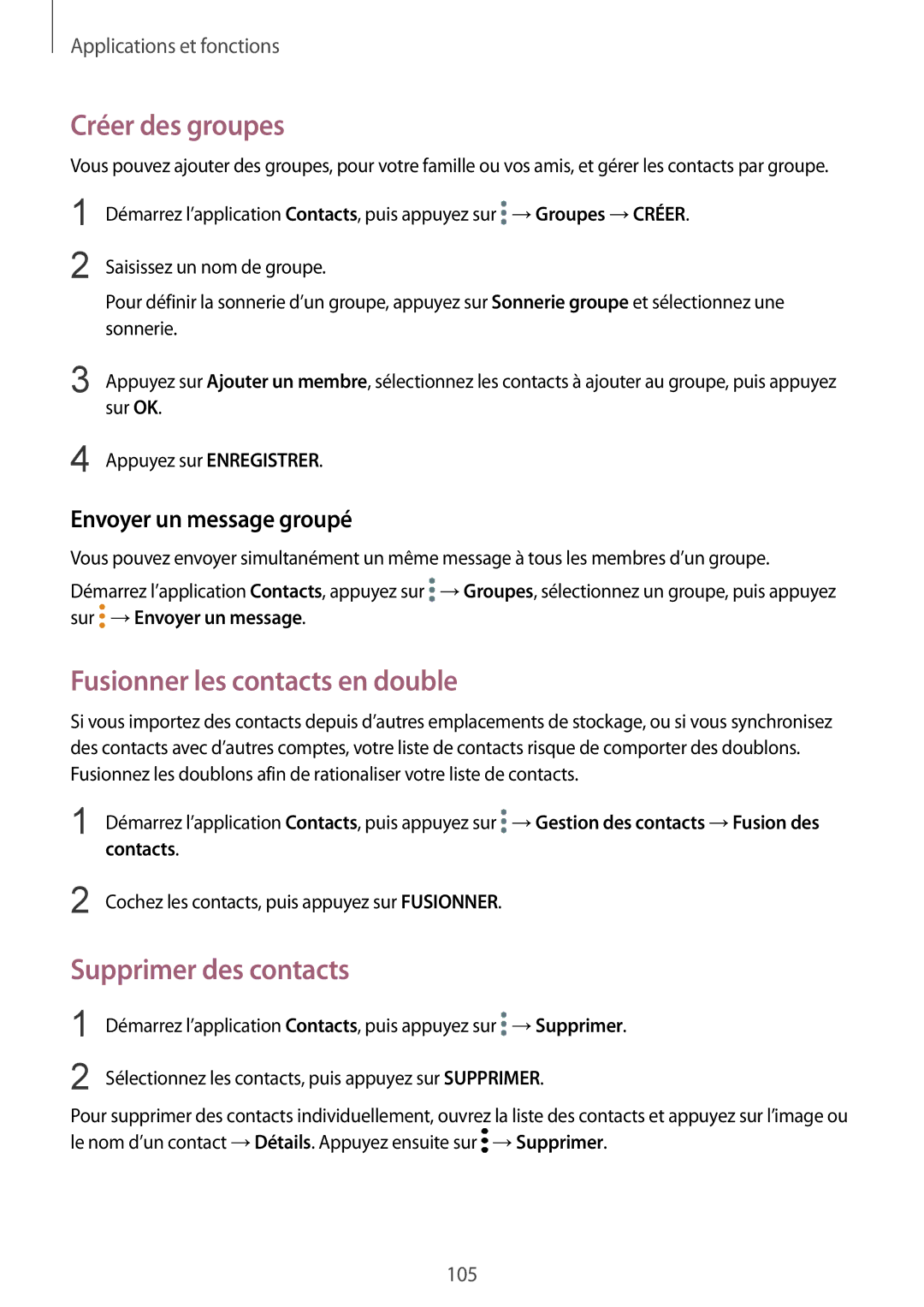 Samsung SM-N950FZDAXEF manual Créer des groupes, Fusionner les contacts en double, Supprimer des contacts, Contacts 