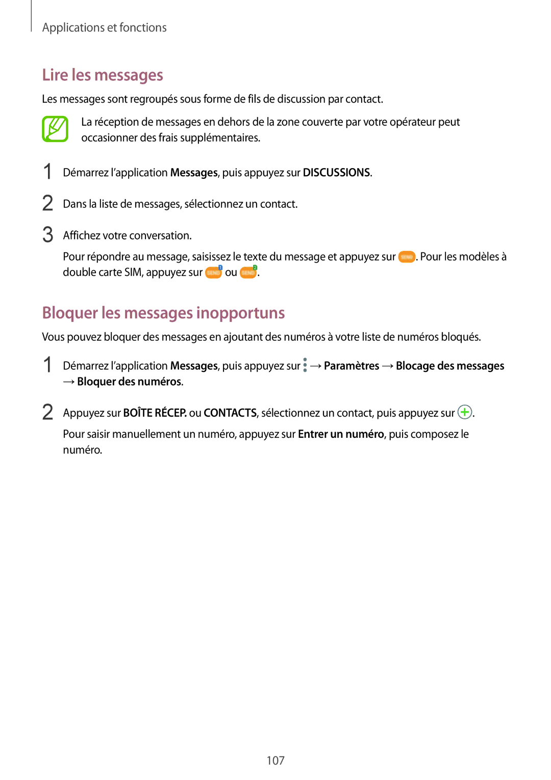 Samsung SM-N950FZKDXEF, SM-N950FZBAXEF manual Lire les messages, Bloquer les messages inopportuns, → Bloquer des numéros 