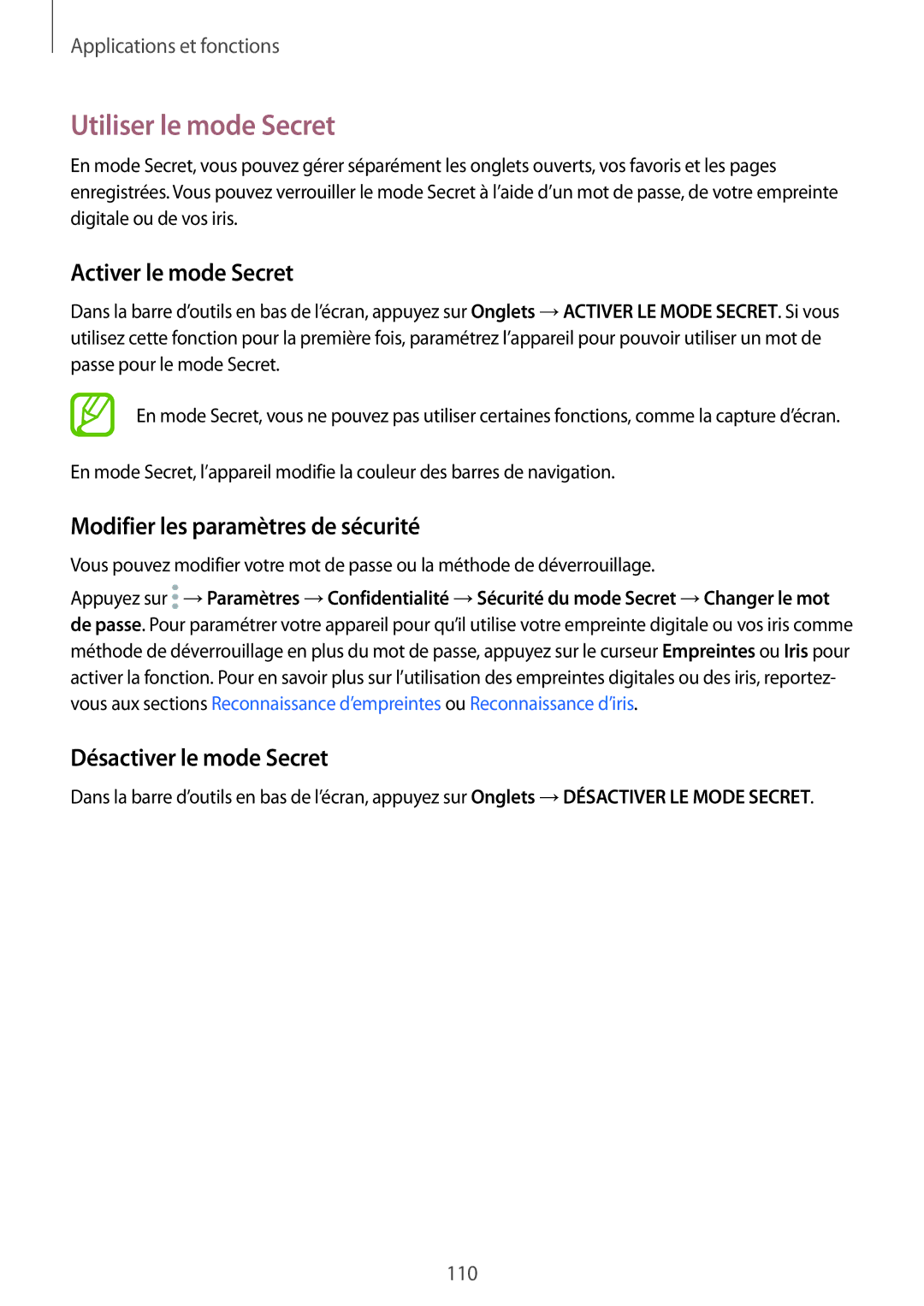 Samsung SM-N950FZKAXEF manual Utiliser le mode Secret, Activer le mode Secret, Modifier les paramètres de sécurité 