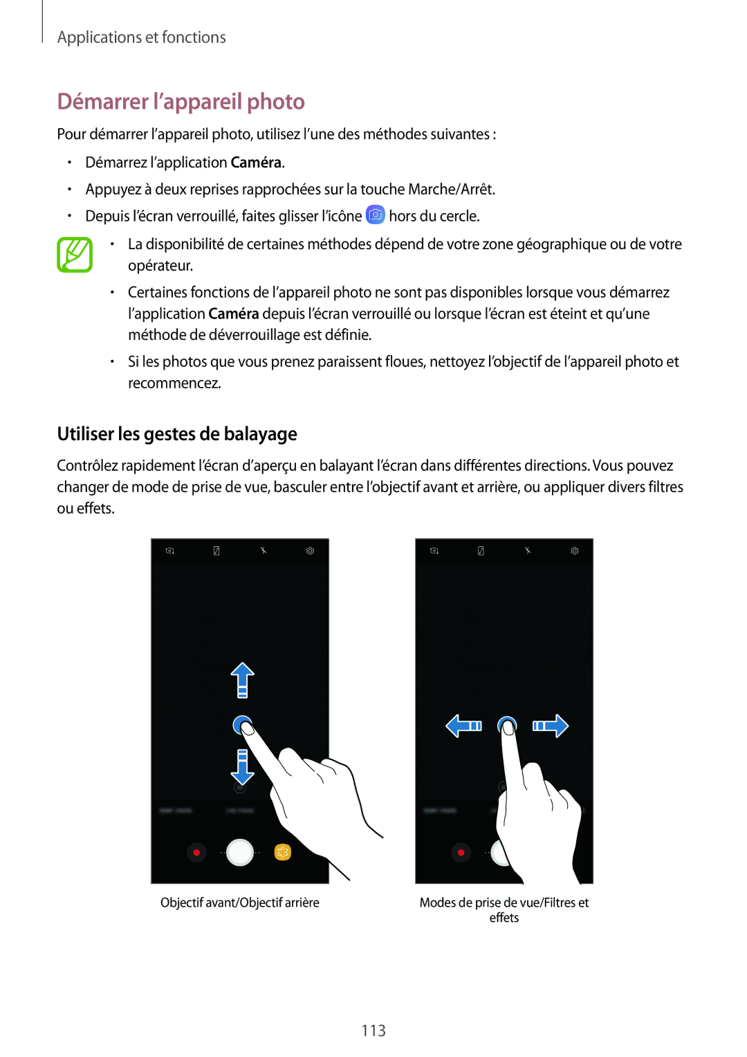 Samsung SM-N950FZDAXEF, SM-N950FZBAXEF, SM-N950FZKAXEF manual Démarrer l’appareil photo, Utiliser les gestes de balayage 